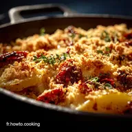 Gratin de cabillaud poireaux et crumble de chorizo facile et ultra gourmand