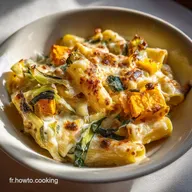 Gratin de Rigatonis Poireaux Courge R&ocirc;tie