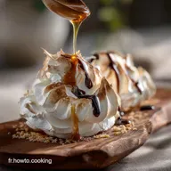 Myst&egrave;res glac&eacute;s maison c&oelig;ur meringue croustillant et sauce chaude