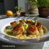 Noix de Saint Jacques Po&ecirc;l&eacute;es &agrave; la Fondue de Poireaux : Saveurs Cr&eacute;meuses