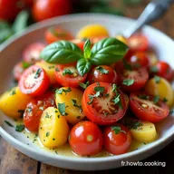 Salade Tomates Cerises P&ecirc;ches Jaunes Vinaigrette au Miel de Lavande