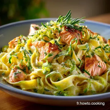 Tagliatelles aux Poireaux et au Saumon la Recette Cr&eacute;meuse et Express Fiche recette