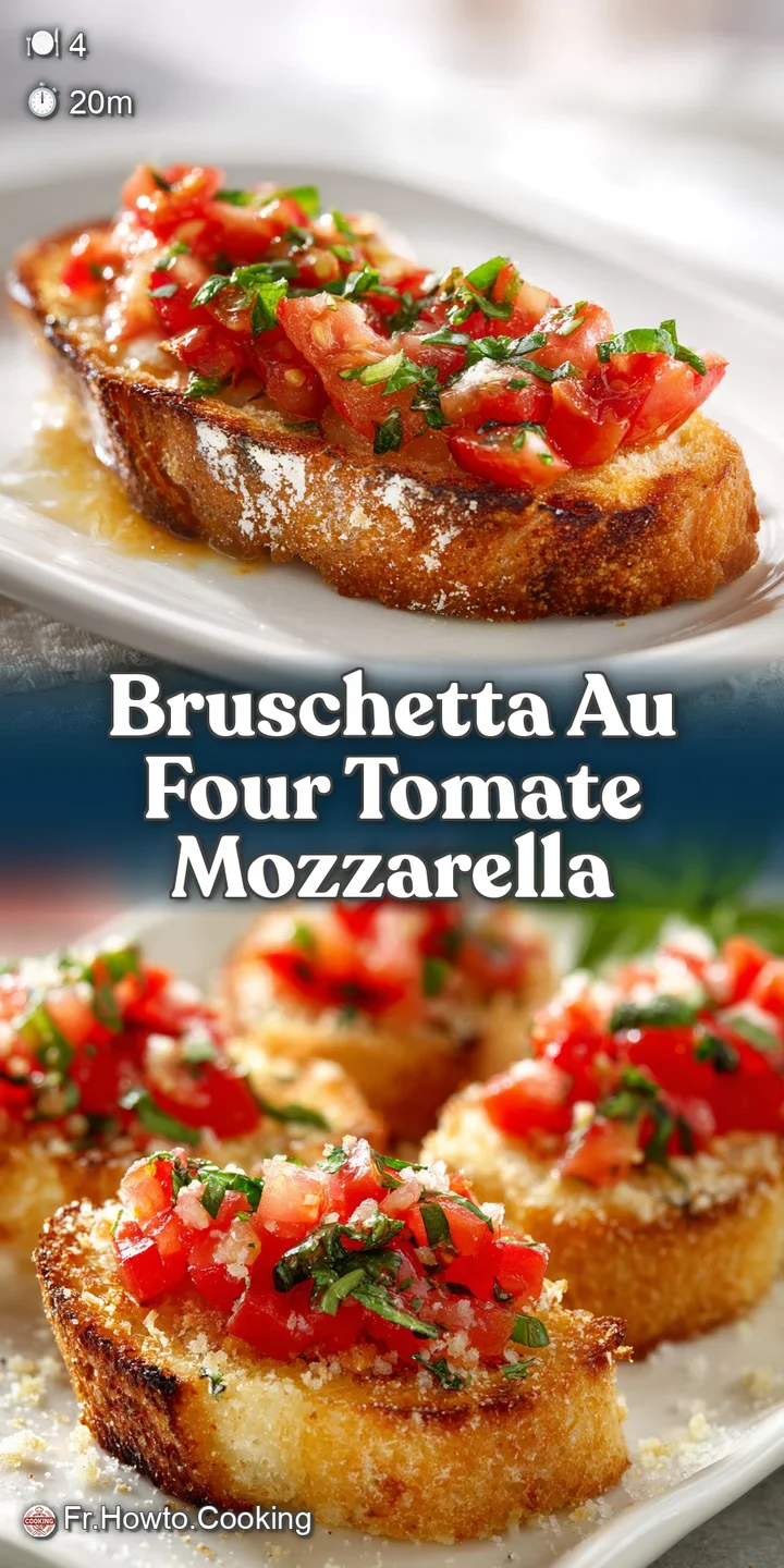 Close-up of bruschetta with bubbling mozzarella, bursting roasted tomatoes, and toasted bread, hinting at warm, savory fla...