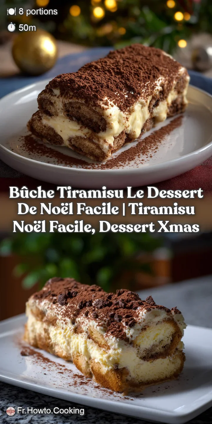 Close-up of a tiramisu log. Layers of creamy filling and cake are visible, with dark cocoa powder and light colors creatin...