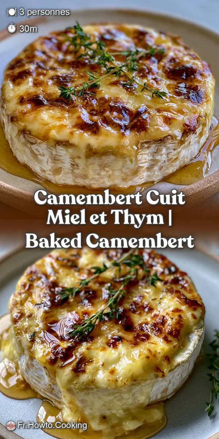 Zoom sur le c&oelig;ur fondant et dor&eacute; d'un fromage chaud, napp&eacute; de miel brillant et parsem&eacute; de thym frais et vert.