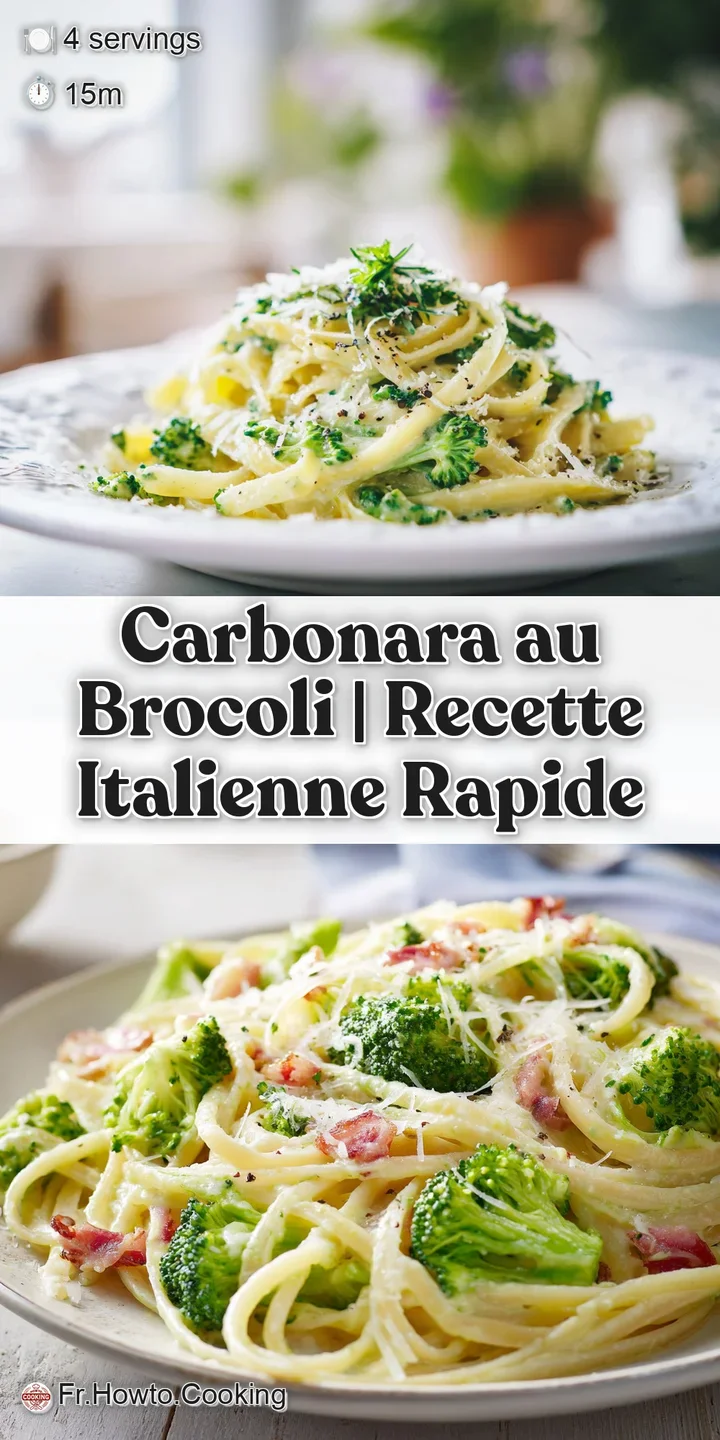 Close-up reveals perfectly cooked pasta strands coated in a luscious sauce, dotted with bright green broccoli, and flecks ...