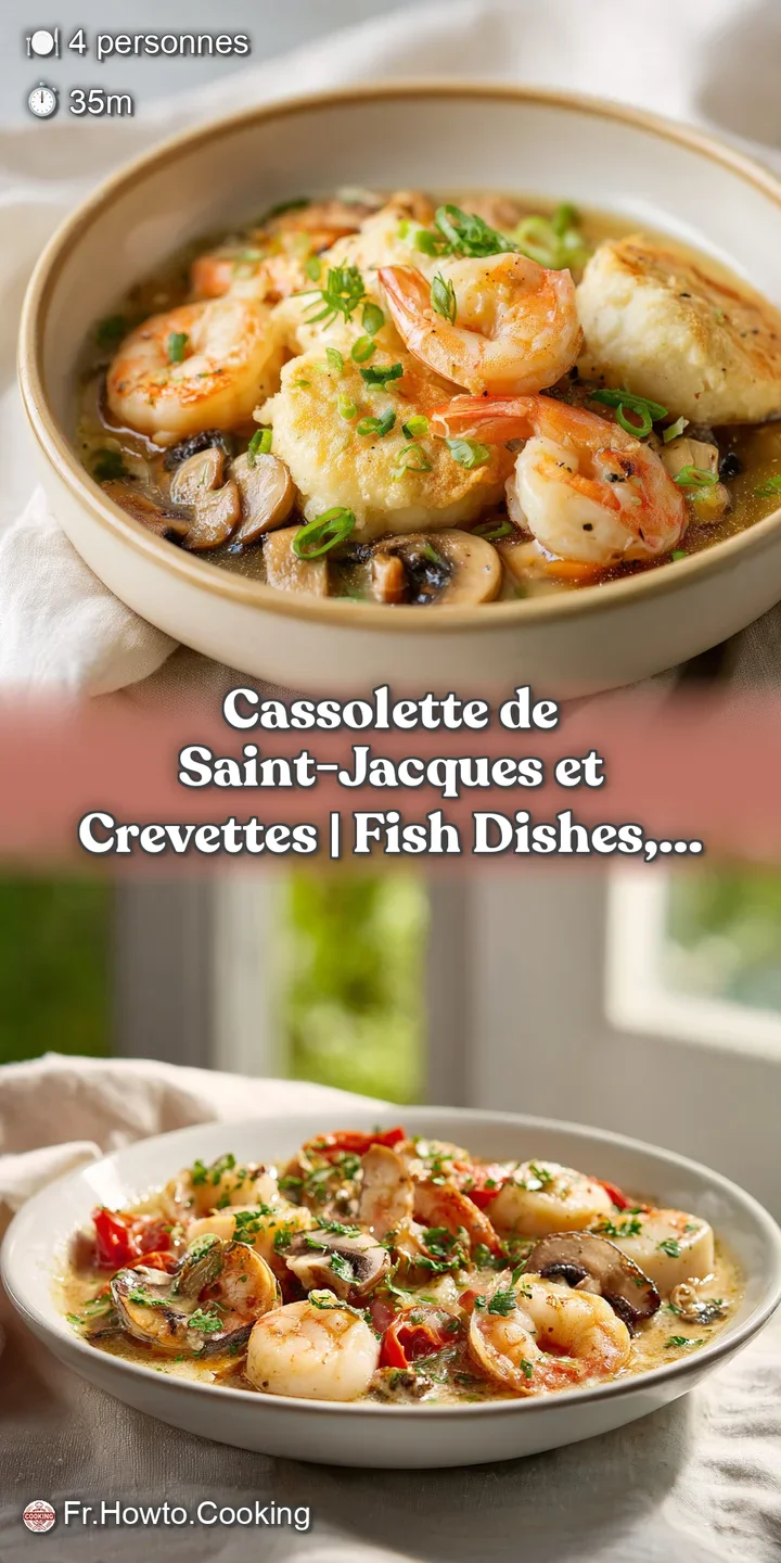 Close-up of glistening, golden-brown scallops and tender shrimp, bathed in a smooth, creamy sauce with a sprinkle of green...