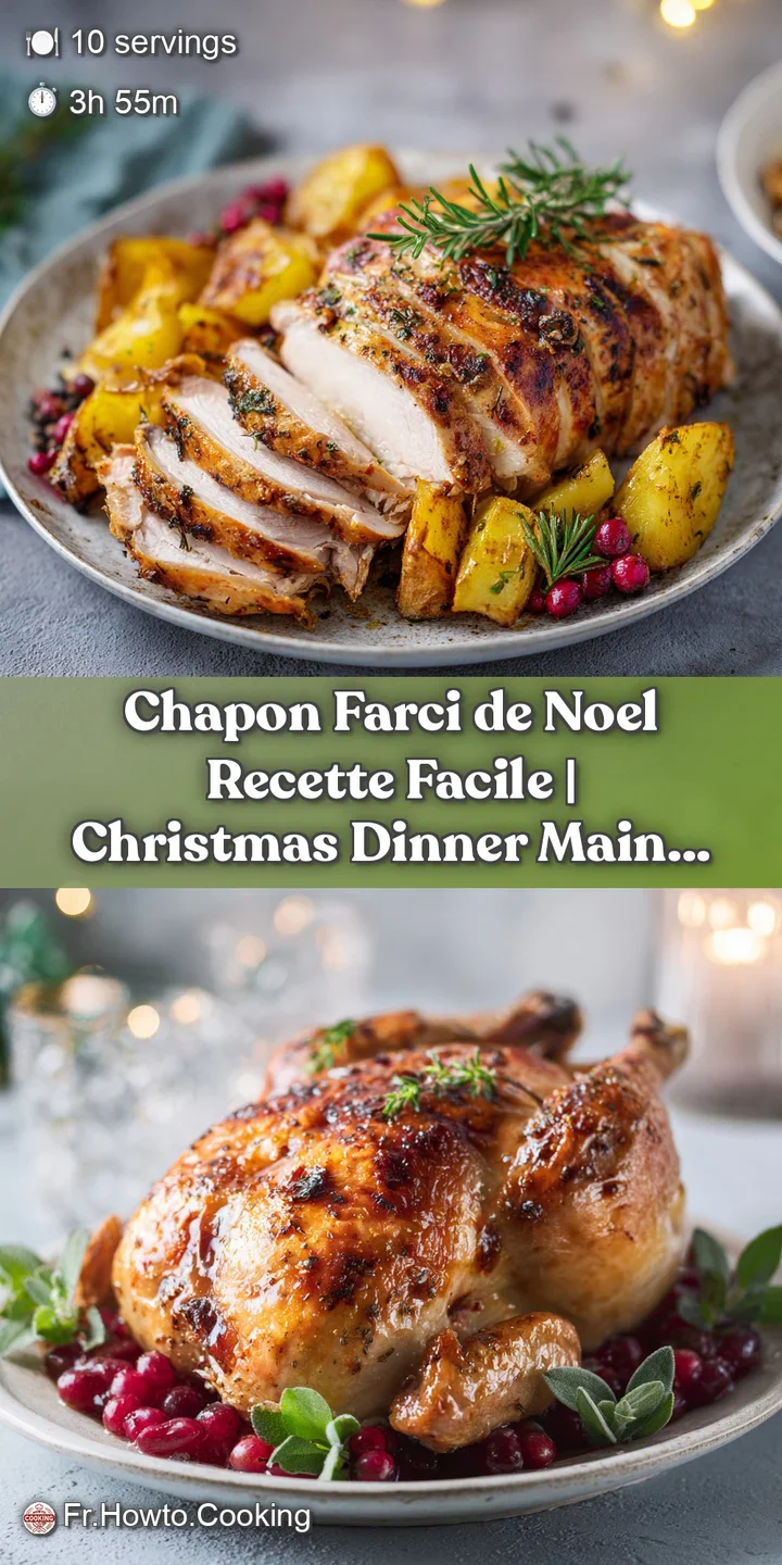 Close-up of succulent, herb-infused stuffing peeking from the juicy, perfectly roasted capon meat.