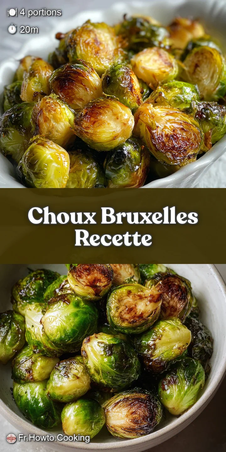 Close-up shows wrinkled texture of cooked Brussels sprouts, glistening with oil, some browned, showing a perfect, appetizi...