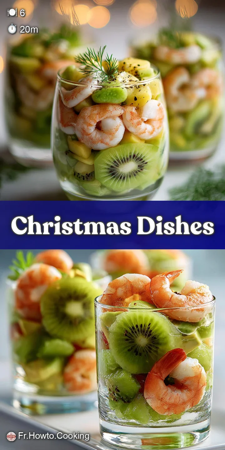 Appetizing close-up of a verrine, highlighting succulent shrimp nestled among layers of smooth avocado and juicy kiwi. Inv...
