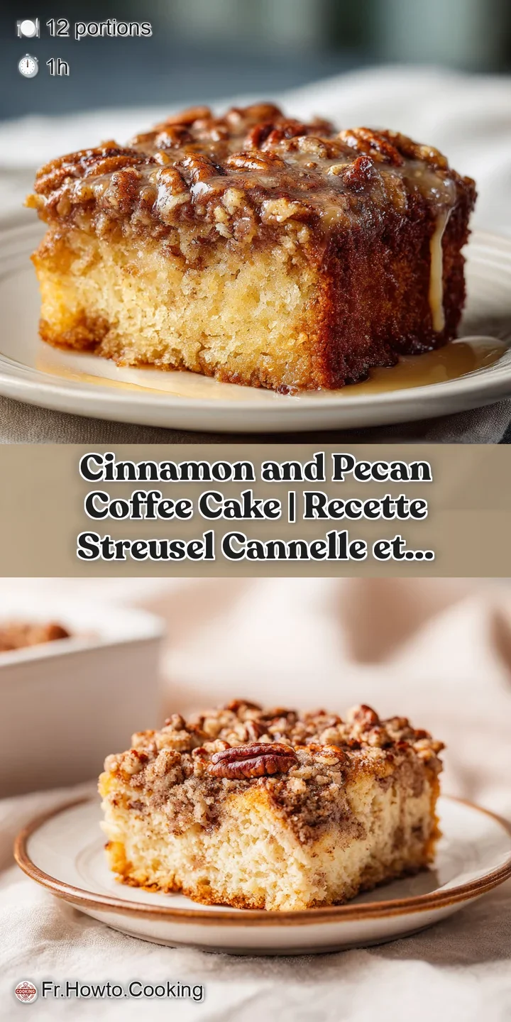 Close-up of fluffy coffee cake crumb with glistening cinnamon sugar swirl and a crisp pecan.