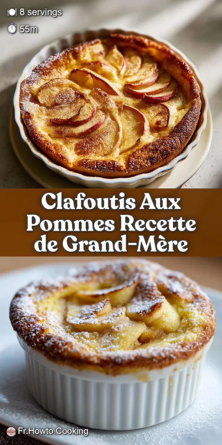 Close-up of a bubbly, baked apple clafoutis, the custard slightly browned and dotted with soft, caramelized apple slices.