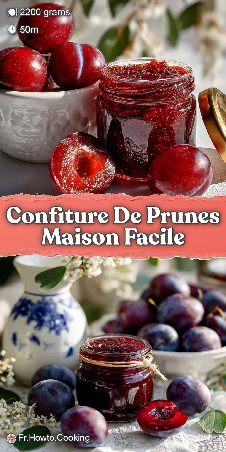 Close-up of dark ruby plum jam, glistening and thick, piled high on a spoon. Notice the fruit skins and juicy, cooked text...