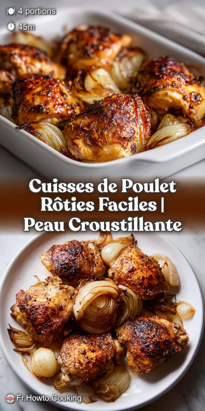 Close-up of a glistening, golden-brown chicken thigh with crispy skin, revealing the moist, tender meat underneath.