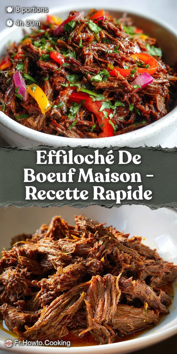 Close-up shot of moist, flavorful pulled beef, showcasing its rich color and glistening texture, hinting at a savory exper...