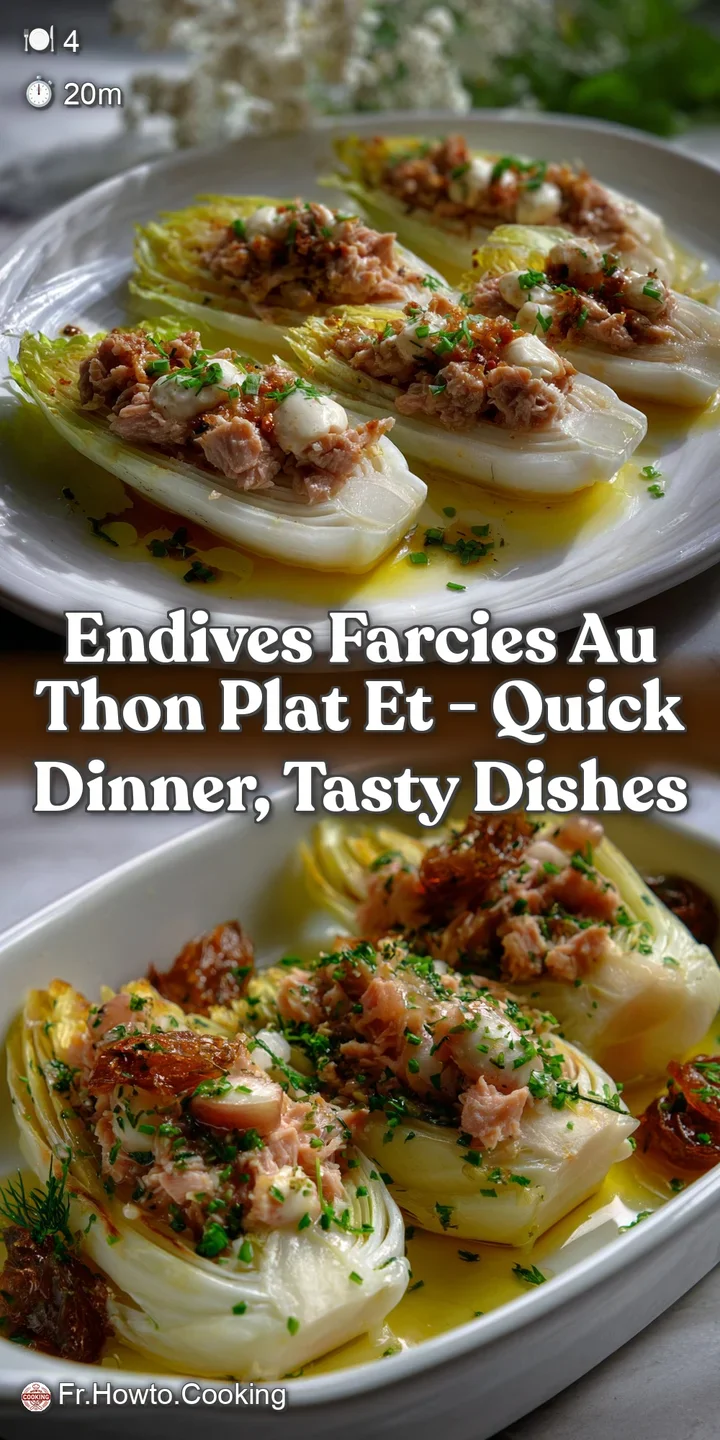 Close-up of the creamy tuna filling spilling from the crisp endive cups, showcasing the textures and fresh, vibrant ingred...