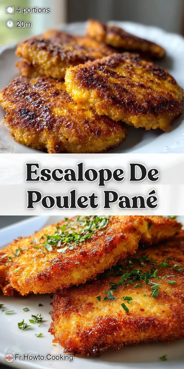 Close-up of a golden, crunchy chicken escalope, revealing the flaky, textured breading and juicy, tender interior. Perfect...