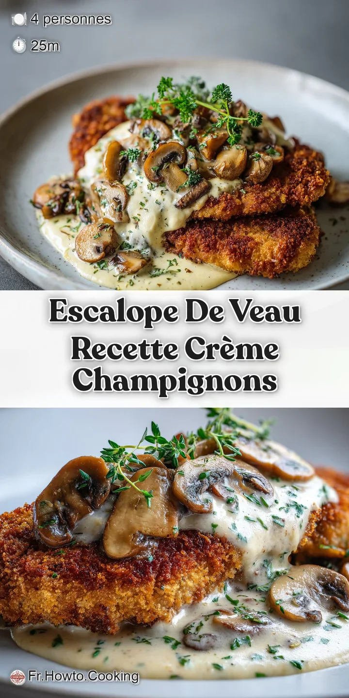 Close-up reveals the crispy, golden crust of the veal escalope, the glistening surface of the sauce, and fresh herbs.