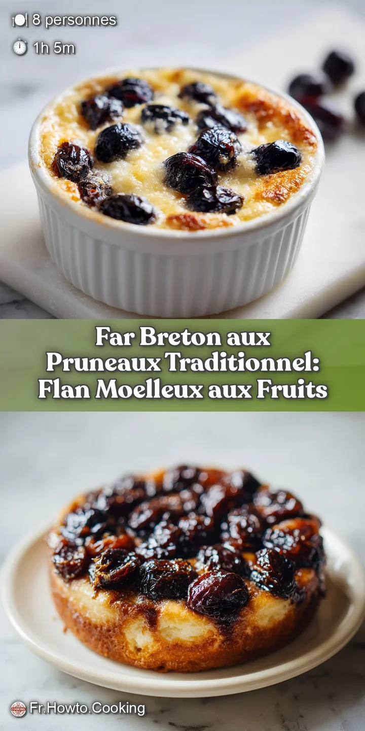 Close-up of a moist, golden Far Breton. Plump prunes are visible throughout the dense, custard-like base. Slight carameliz...