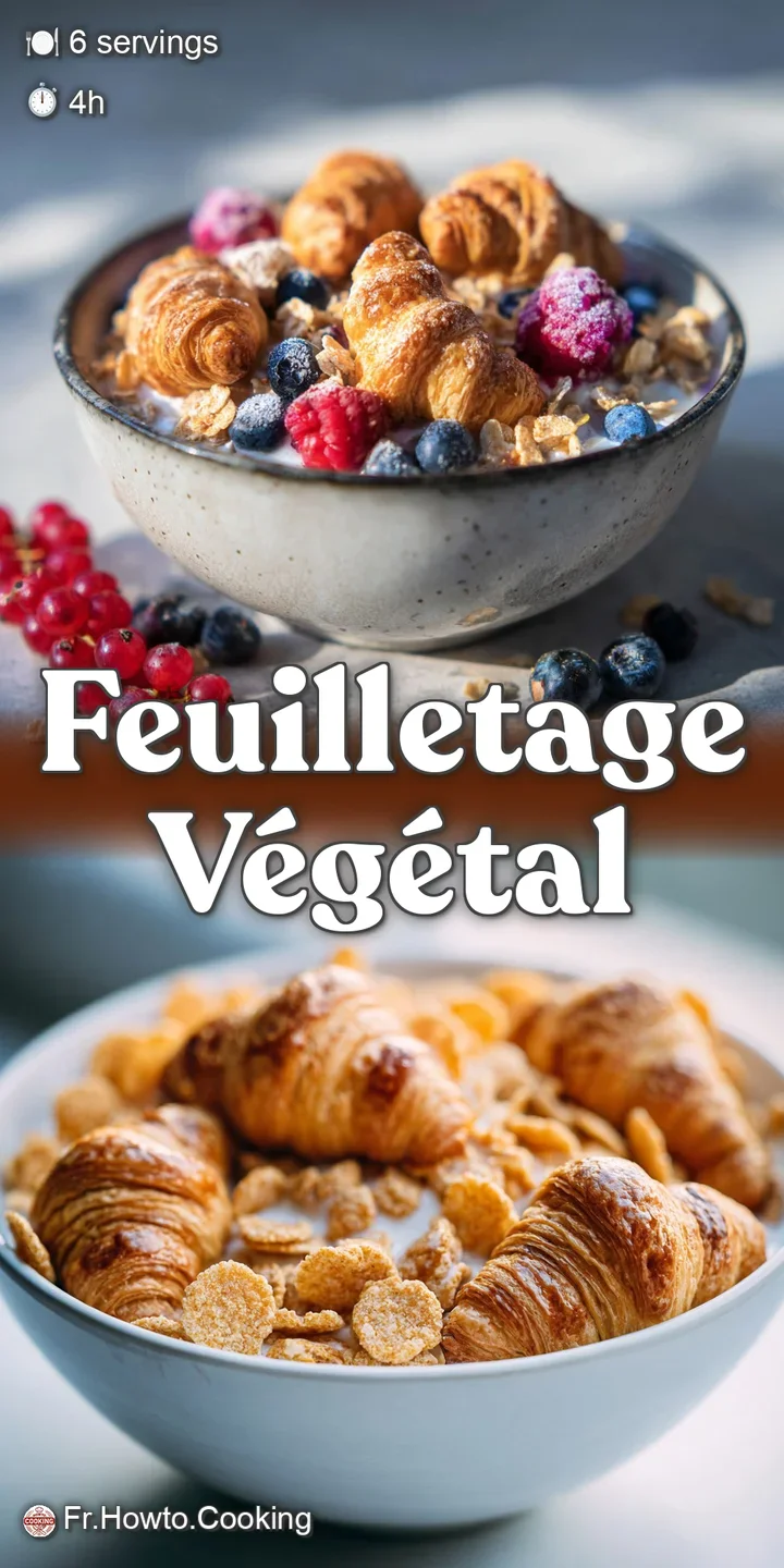 Close-up of a bowl filled with various textures: Flaky, golden-brown croissants, juicy berries, and a pool of glistening, ...