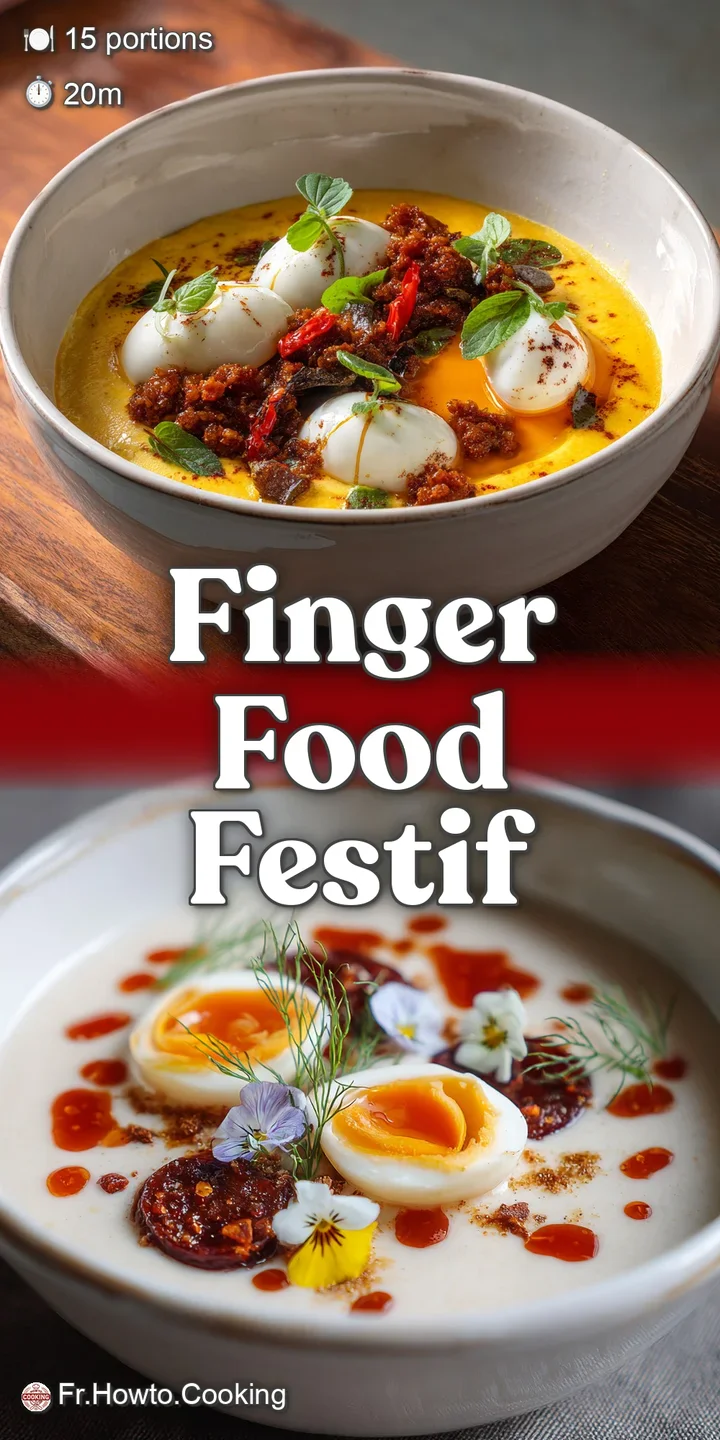 Close-up of velvety chorizo cream soup with glistening oil, perfectly poached quail eggs, and vibrant green herbs for a lu...