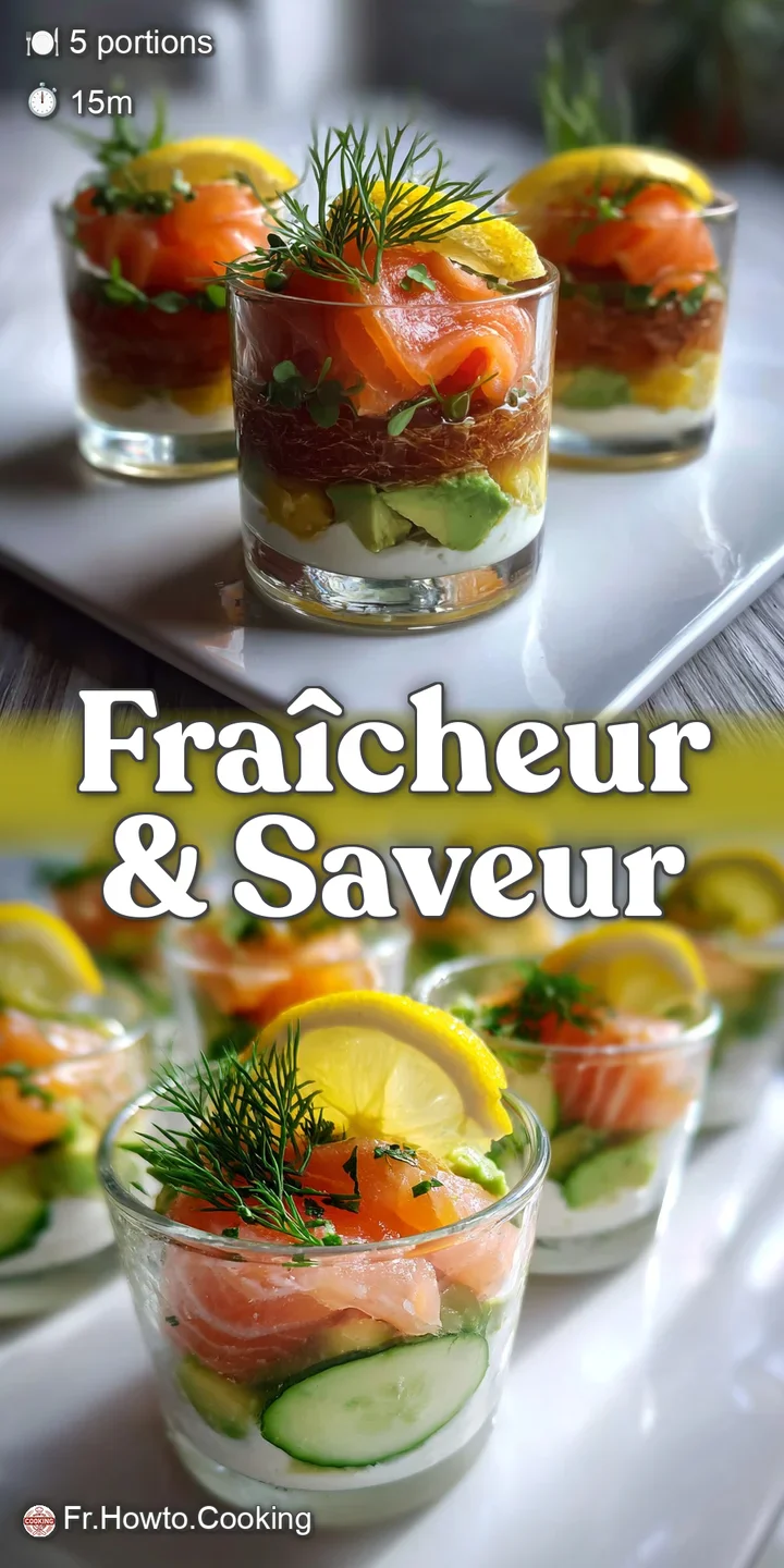 Close-up of a verrine showcasing creamy avocado and delicate salmon. See fresh lemon zest adding vibrant color and aroma c...