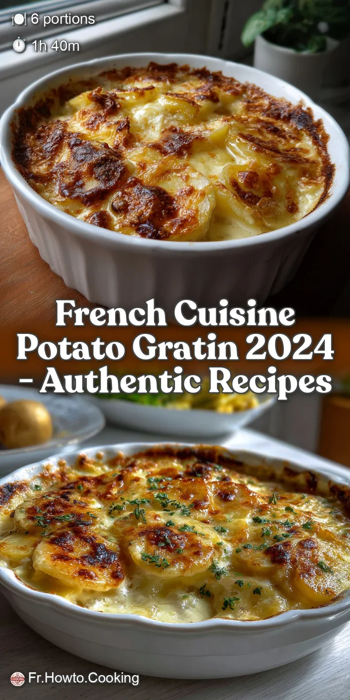 Close-up of bubbling, creamy gratin with perfectly browned cheese. Steaming hot, layers of potatoes, rich texture, and a s...