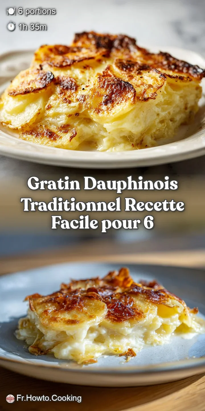 Close-up: Rich, browned surface of the gratin, revealing layers of tender potatoes bathed in a luscious cream sauce. Tempt...