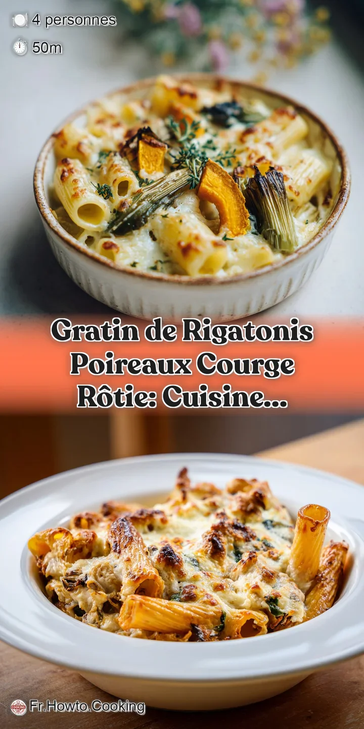 Close-up of bubbling, cheesy rigatoni bake with softened leeks and roasted squash. Creamy and decadent.