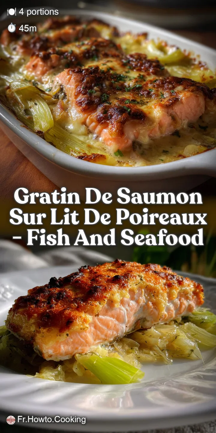 Close-up: Moist, iridescent salmon flakes mingling with a silky sauce, and tender leeks. A taste of home, warm, and inviting.