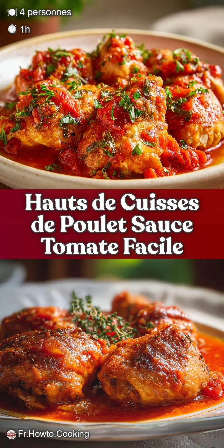 Close-up of a juicy chicken thigh simmering in a bright red tomato sauce, showcasing the tender meat and flavorful herbs, ...