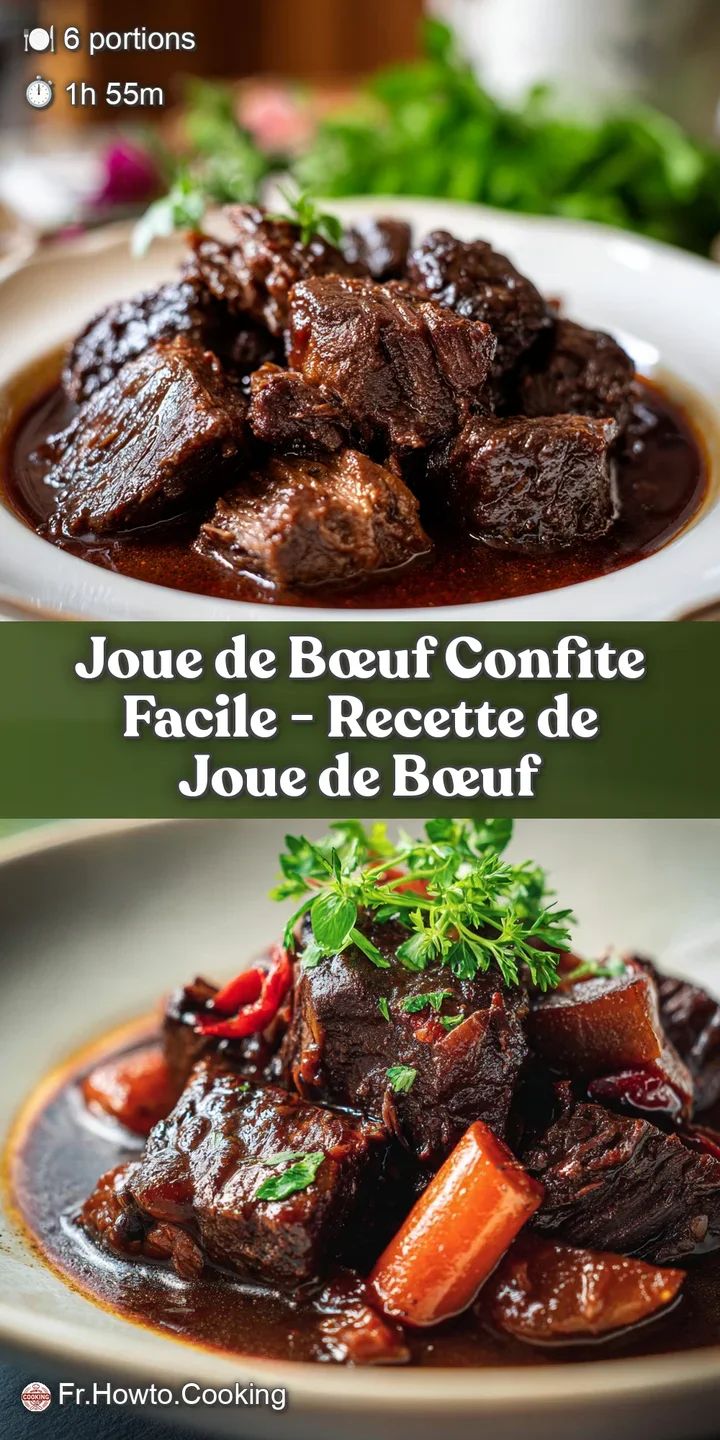 Close-up of a fork tender beef cheek, glistening with rich, dark sauce, hinting at a savory, melt-in-your-mouth experience.