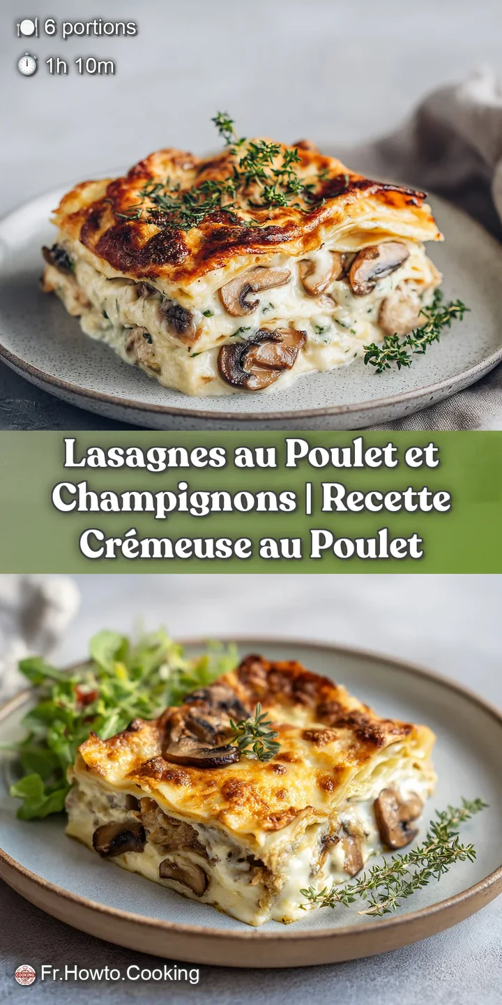 Close-up of bubbling golden lasagna crust with tender chicken and earthy mushrooms peeking through.