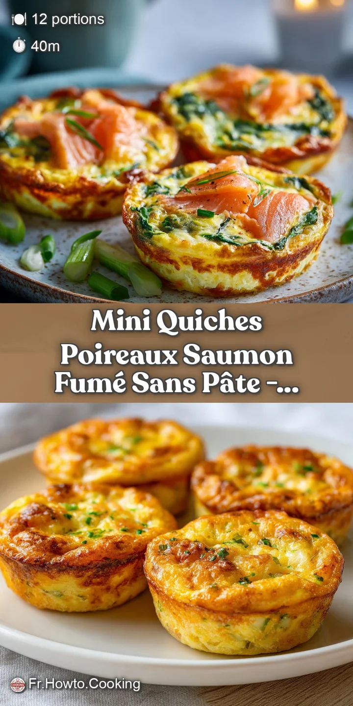 Close-up of a mini quiche, revealing creamy custard, finely diced salmon, and bright green leek bits.