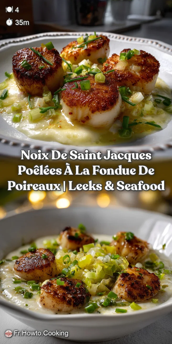 Close-up of succulent seared scallops, glistening with butter, atop a bed of tender leeks. The creamy texture and inviting...
