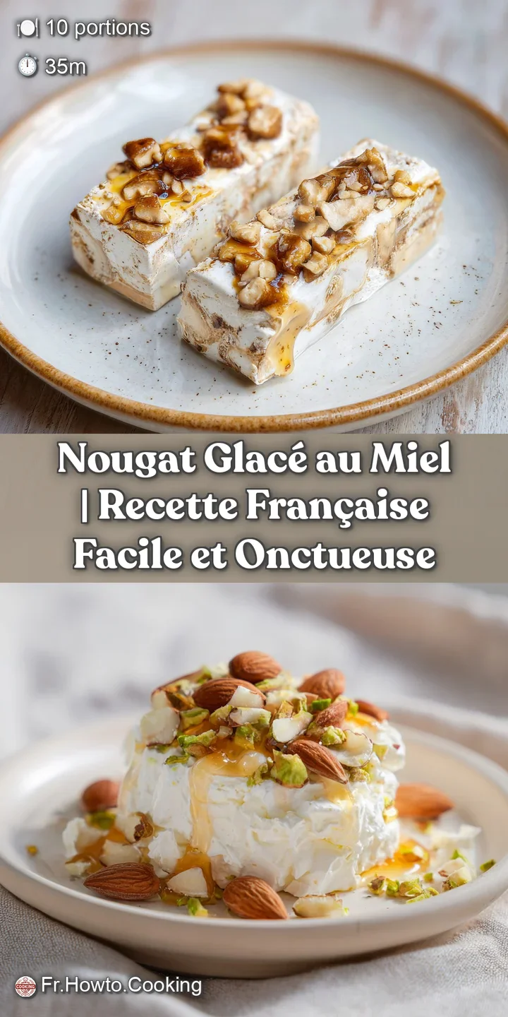 Close-up of creamy nougat glac&eacute; texture, showcasing candied nuts and drizzles of golden honey.