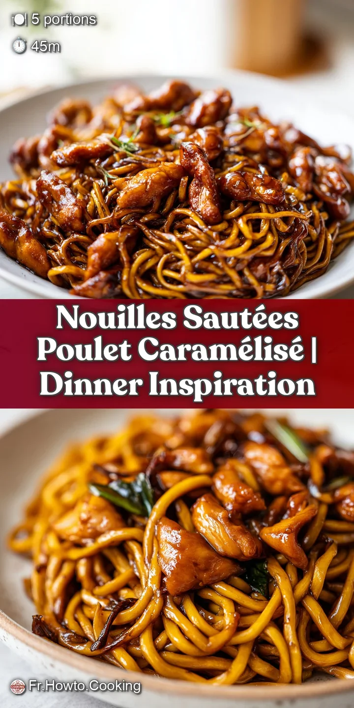Gros plan sur des nouilles fumantes, texture laqu&eacute;e et brillante, avec des bouch&eacute;es dor&eacute;es et des herbes fra&icirc;ches.