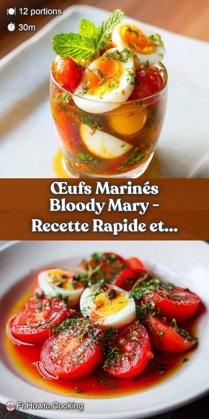 Close-up of a shiny, marinated egg nestled in a spicy, red Bloody Mary mix with herbs. Condensation on the glass shows col...