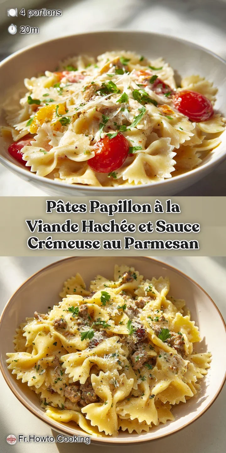 Close-up of delicate bow-tie pasta coated in a glistening red sauce with savory ground meat pieces.