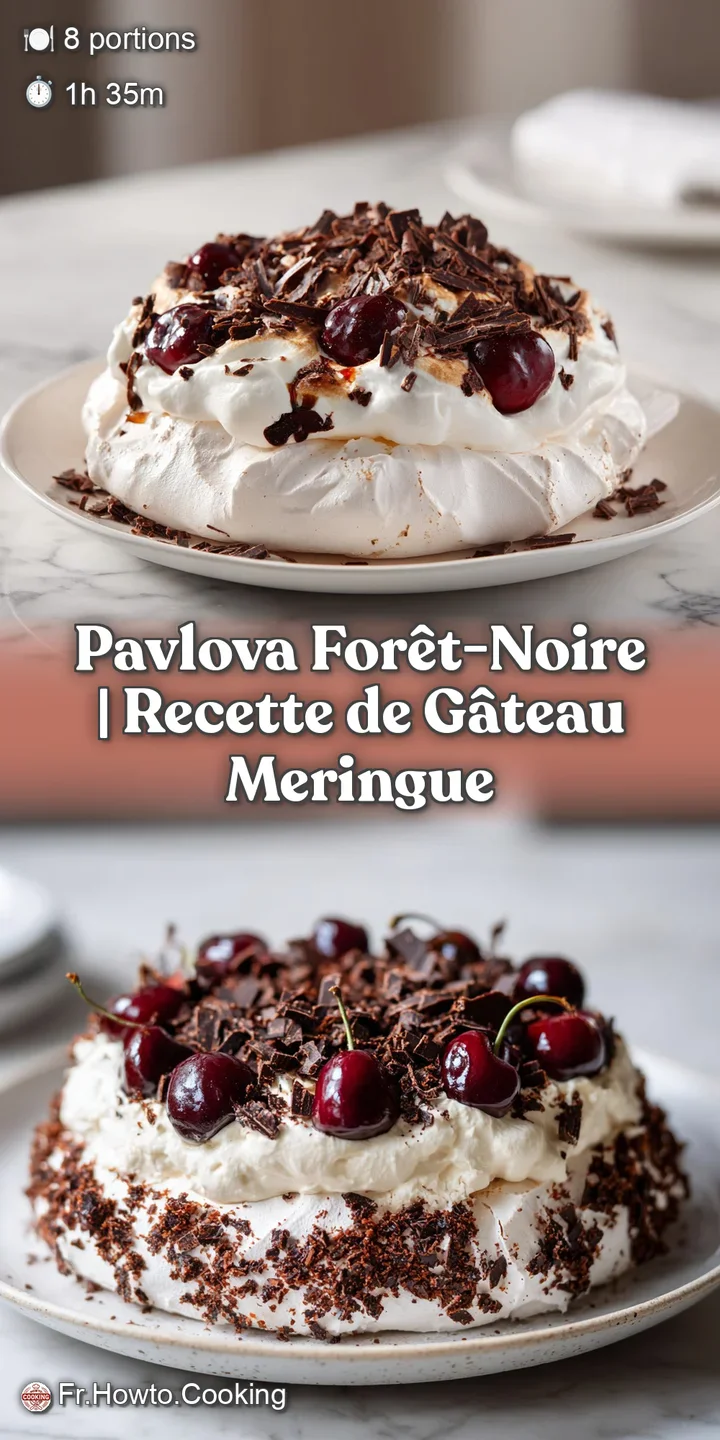Close-up: luscious pavlova with rich, dark chocolate and plump, vibrant cherries topping a cloud of whipped cream.
