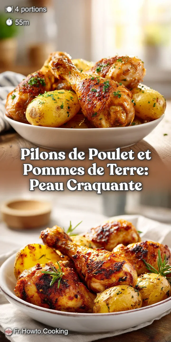 Close-up of a perfectly roasted chicken drumstick: glistening skin, juicy meat. Textures of herbs and roast potatoes tempt...