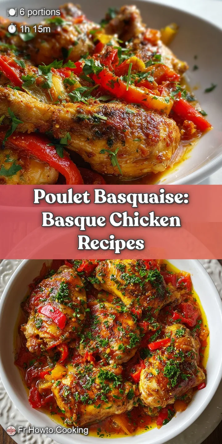 Close-up of glistening poulet basquaise, showing tender chicken and softened vegetables simmering in a vibrant, rich tomat...