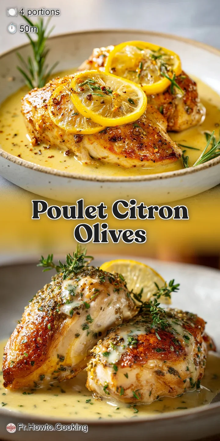 Close-up of succulent chicken glistening with lemon-infused sauce, plump green olives, and fragrant herbs, evoking warmth ...