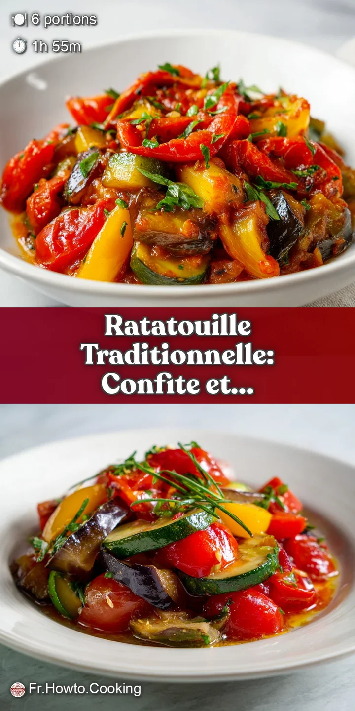 Close-up of ratatouille showcasing tender, glistening vegetables. Aromatic herbs and rich tomato sauce create a flavorful...