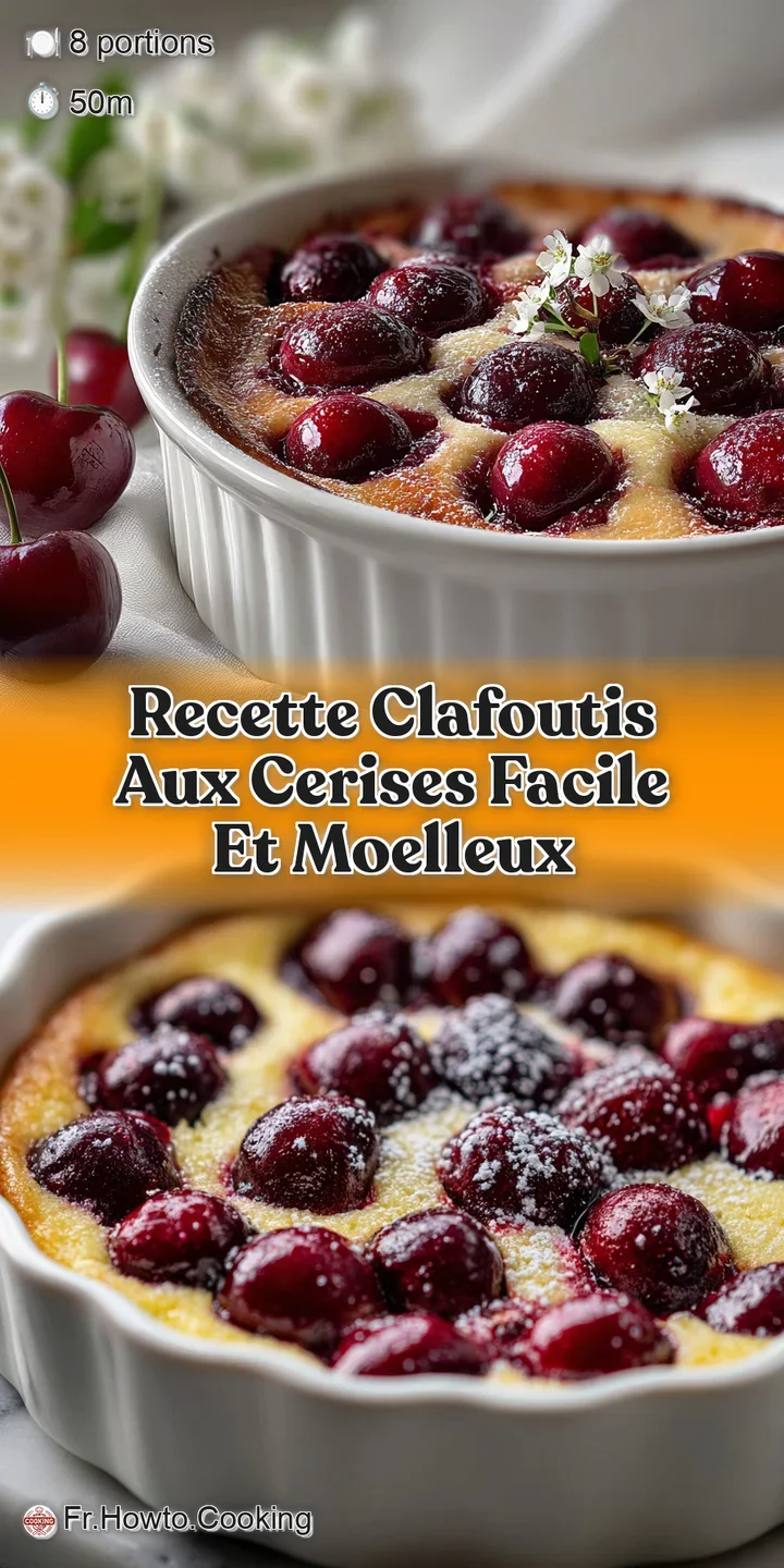 Close-up reveals the juicy, baked cherries peeking from a creamy, slightly caramelized clafoutis. Bubbled surface, golden ...