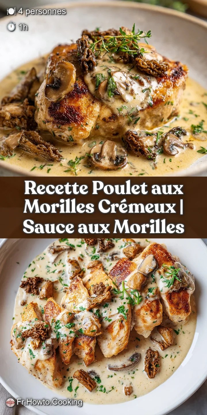 Close-up view of succulent chicken and earthy morels bathed in a luscious, velvety sauce, promising a flavorful and comfor...