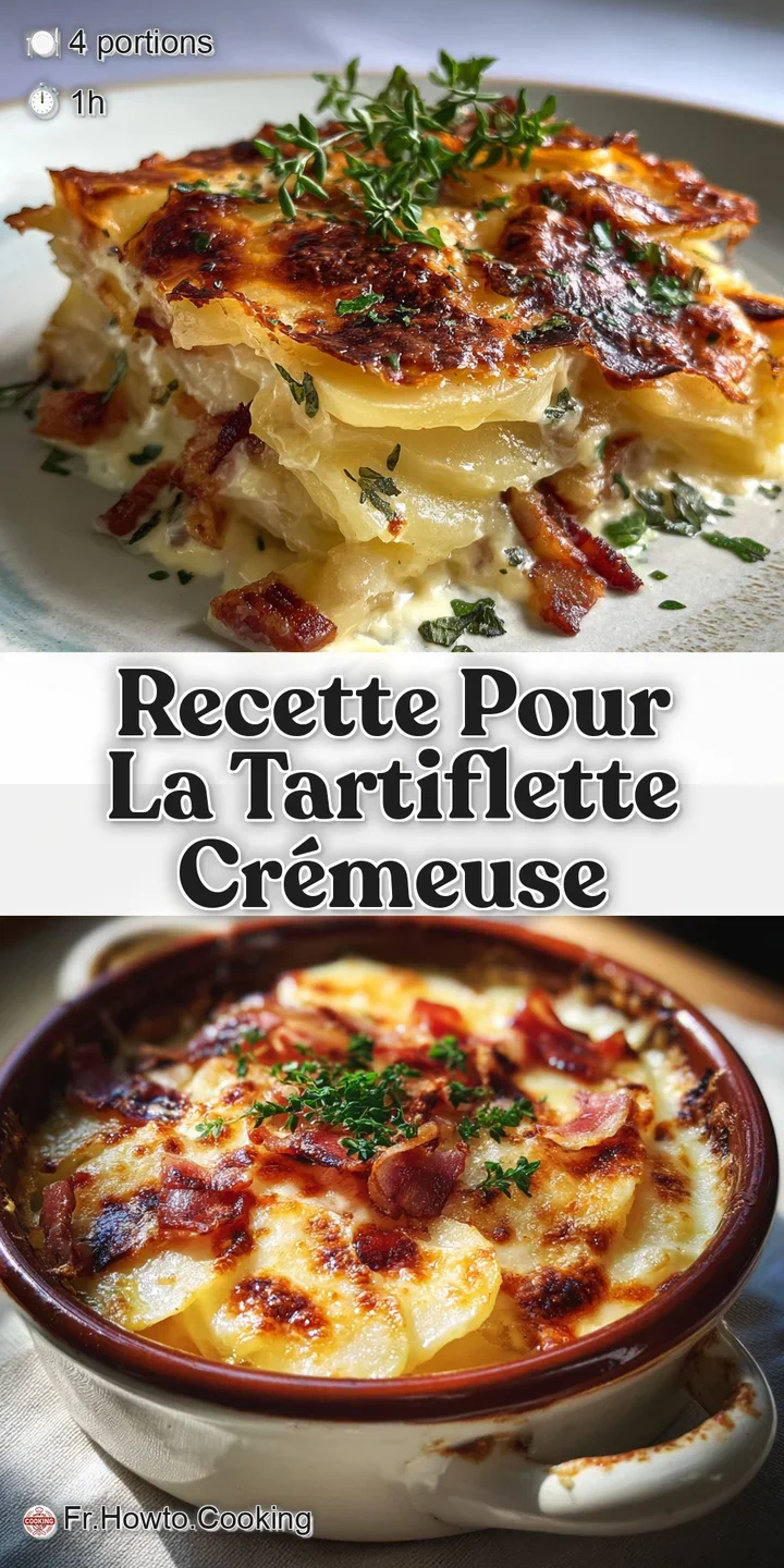 Close-up of bubbly, browned Reblochon cheese melted over potatoes and lardons, promising a warm, savory, and comforting bite.