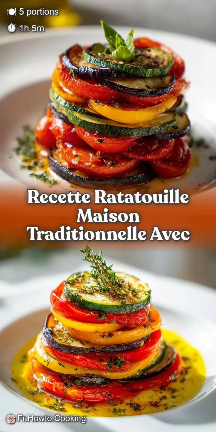 Close-up of simmering ratatouille, revealing juicy eggplant, softened peppers, and glistening tomatoes in a flavorful, rus...