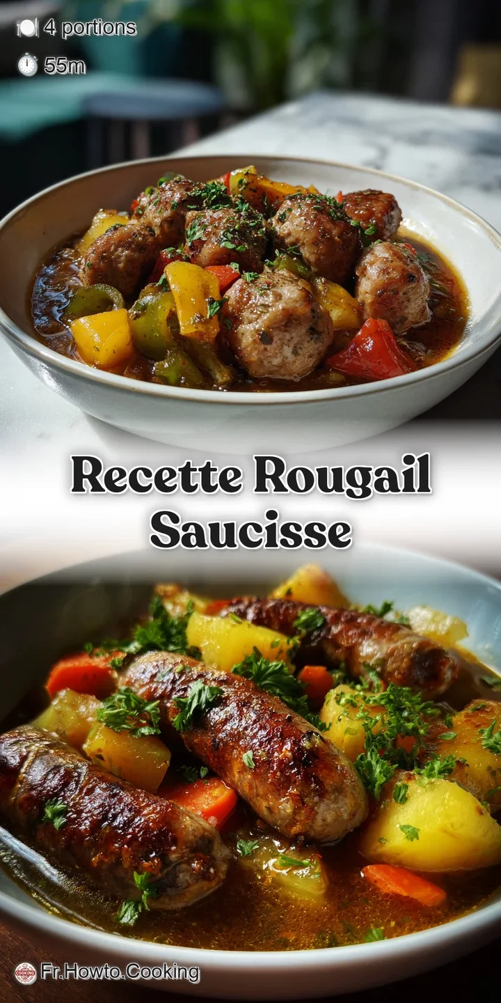 Close-up of saucisse rougail: plump, browned sausage bathed in a thick, vibrant red tomato sauce with visible herbs and sp...