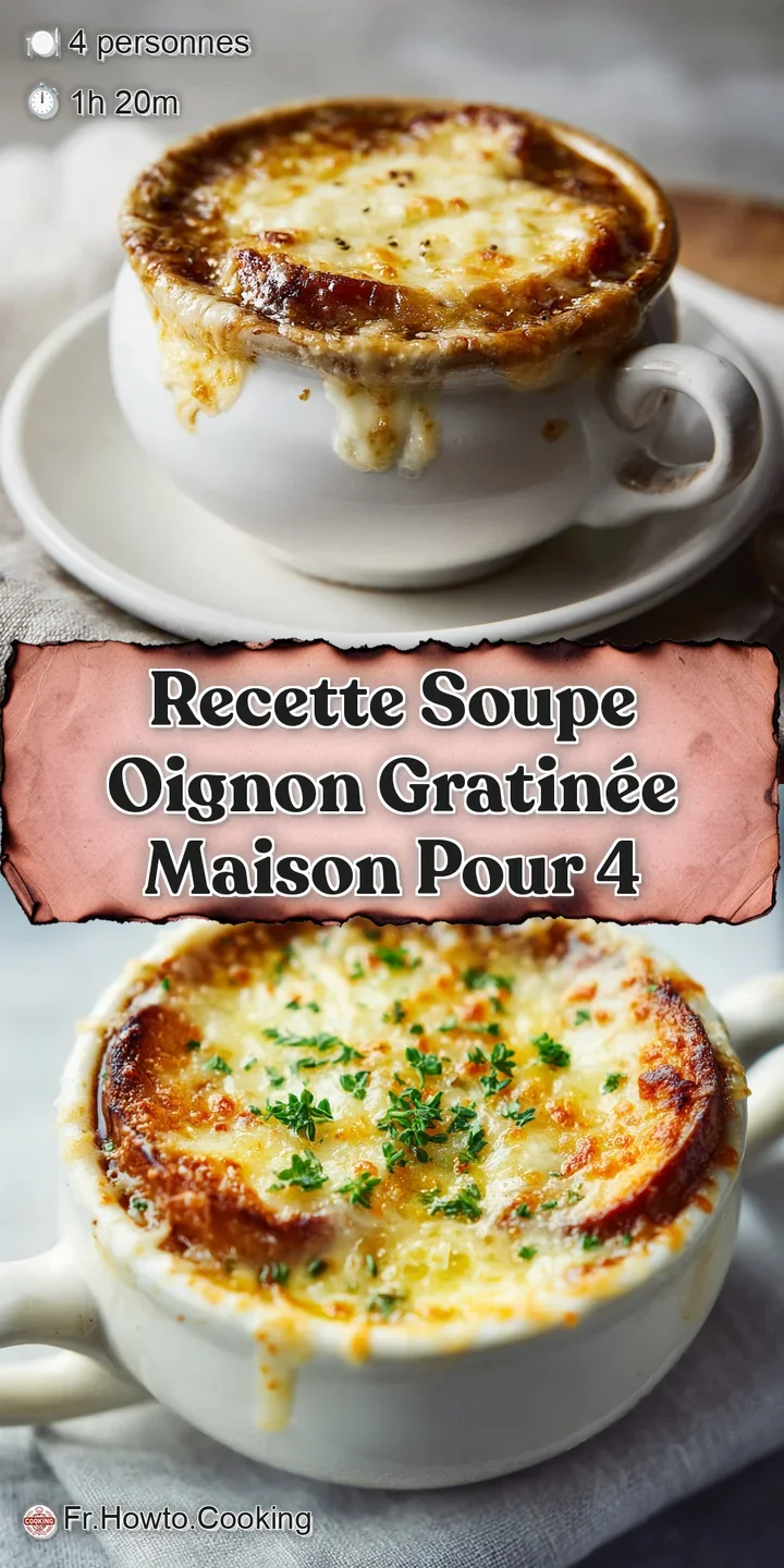 Close-up of French onion soup: gooey, browned Gruy&egrave;re cheese covers savory broth, glistening caramelized onions visible be...